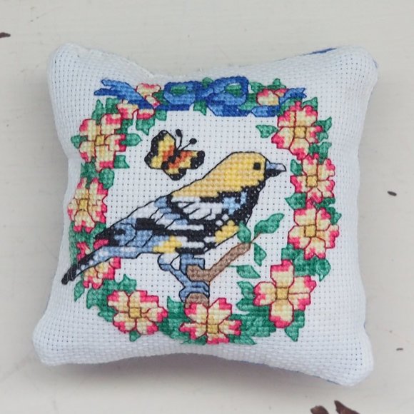 Handmade Goldfinch Cross-Stitch Pincushion - Picture 3 of 8